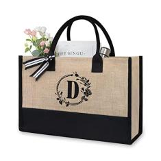 Imagem de TOPDesign Sacola de juta/lona com inicial, bolsa de presente personalizada, adequada para casamento, aniversário, praia, feriado, é um ótimo presente para mulheres, mães, professores, amigos, damas de honra (letra D)