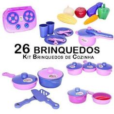 Imagem de Cozinha Infantil Jogo Panela Fogão Legumes Prato Copo 26Pç - Altimar