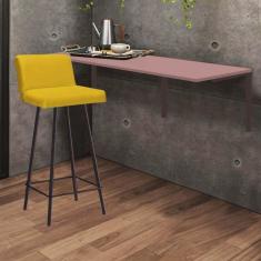 Imagem de Kit Mesa Suspensa de Parede Fixa MDF Rosa + 1 Banqueta Lexi Ferro Marrom Corino Amarelo - Ahazzo Móveis