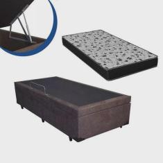 Imagem de Cama Box Baú Solteiro Conforto Sintético Marrom + Colchão Solteiro Conforto Espuma D23 Com eps 16x88x188