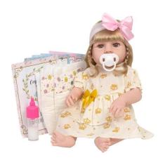Imagem de Boneca Reborn Loira Realista Vestido Coroa Kit 13 Itens