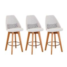 Imagem de Kit 03 Banquetas Alta Maya Giratória Com Encosto Gourmet Linho Bege e Almofada Zigzag - Aurora Line