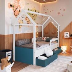 Imagem de Cama Infantil Montessori Tipo Cabana Com 2 Gavetas Branco Azul - Compl