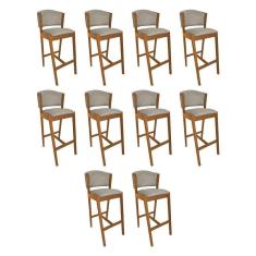 Imagem de Kit 10 Banquetas Alta De Madeira Maciça Cerejeira Premium Ana Com Encosto Linho Bege - Cor: Bege