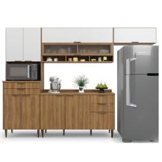 Imagem de Armário De Cozinha Completa Com Balcão Nicho Para Micro Ondas 9 Portas 5 Gavetas Paris Nogal/branco