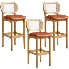 Imagem de Kit 03 Banquetas Altas Para Cozinha Bancada Sala Tela Betta Fixa L02 Couríssimo Camel - Lyam