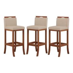 Imagem de Kit 3 Banquetas Alta Encosto Estofado 38x102 Cm Turim Madeira Maciça Pinhão Suede Bege CCS