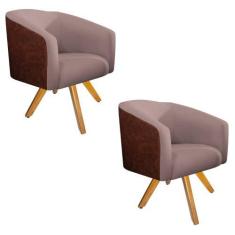 Imagem de kit 02 Poltronas Luiza Base Giratória de Madeira Corano Nozes e Linho 