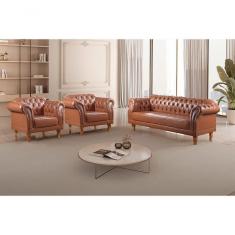 Imagem de Conjunto Sofá Chesterfield 3 Lugares + 2 Poltronas couro Ecológico Caramelo 302