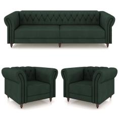 Imagem de Conjunto 1 Sofá Living 240cm E 2 Poltronas Stanford Chesterfield Pés Madeira Couro Verde G58 Gran Belo
