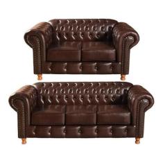 Imagem de Conjunto Sofá Luís Xv 2 E 3 Lugares Chesterfield Capitonê Corano Café