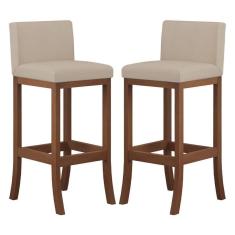 Imagem de Kit 2 Banquetas Alta Encosto Estofado 38x100 Cm Ilha Espanha Madeira Maciça Castanho Suede Bege CCS