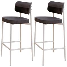 Imagem de Kit 02 Banquetas Alta Bar Cozinha Sala De Jantar Aço Branco Kaira C01 Linho Preto Courino Preto - Lyam Decor