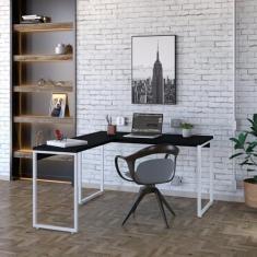 Imagem de Mesa de Escritório em L Estilo Industrial 135x150cm Kuadra Preto Ônix/Est.Branca