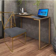Imagem de Kit Escritório Clark Cadeira e Mesa Industrial Ferro Dourado Tampo MDF Rústico Corino Cinza - Ahz Móveis