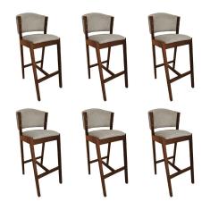 Imagem de Kit 6 Banquetas Alta De Madeira Maciça Natural Premium Ana Com Encosto Linho Bege