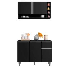 Imagem de Kit Julieta Cozinha Balcão 3 Portas S/ Tampo + Aéreo 2 Portas Preto - Bela Móveis