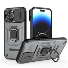 Imagem de SORAKA Capa para iPhone 14 Pro com suporte de anel e capa de câmera deslizante para iPhone 14 Pro com placa de metal para suporte magnético de carro, capa protetora de camada dupla em policarbonato