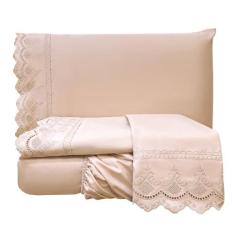 Imagem de Jogo Cama Lençol Loren Queen Bordado Inglês Micro Percal 300 Fios 4 Peças - Rosê