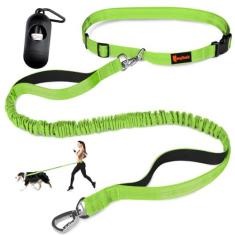 Imagem de Coleira para cães mãos livres, correia de cintura ajustável para passear com o cachorro, coleira elástica de alça dupla para cães de 10 a 16 metros de comprimento com pontos refletivos para caminhada,