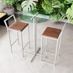 Imagem de Conjunto Mesa Alta Bar Bistrô Redonda Vidro 2 Banquetas Confort Imbuia