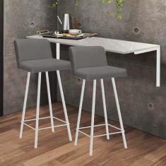 Imagem de Kit Mesa Suspensa de Parede Fixa MDF Marmorizado + 2 Banquetas Lexi Ferro Branco Sintético Cinza - Ahazzo Móveis
