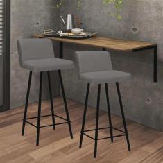 Imagem de Kit Mesa Suspensa de Parede Fixa mdf Castanho + 2 Banquetas Lexi Ferro Preto Suede Cinza - Ahazzo Móveis