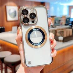 Imagem de Capa de telefone ultrafina magnética sem moldura revestida para iPhone 14 Pro Max 13 12 Pro Max Buraco transparente para PC rígido, dourado, para iPhone 12Pro Max