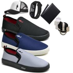 Imagem de Kit 3 Pares Tênis Slip On Masculino Lona + Carteira + Relógio + Cinto