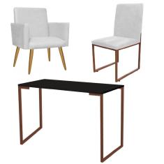 Imagem de Kit Escritório Stan Poltrona com Cadeira e Mesa Industrial Tampo Preto Bronze Tecido Sintético Branco - Ahz Móveis