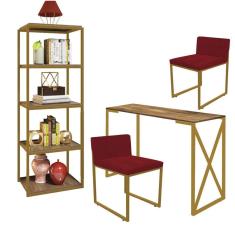 Imagem de Kit Escritório Bex 2 Cadeiras Suede Vermelho com 1 Mesa e 1 Livreiro Ferro Dourado MDF Caramelo - Ahazzo Móveis