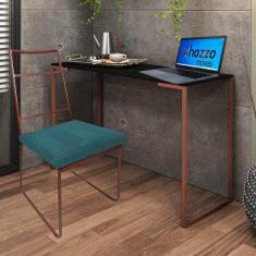 Imagem de Kit Escritório Stark Cadeira e Mesa Industrial Ferro Bronze Tampo MDF Preto Suede Azul Turquesa - Ahz Móveis
