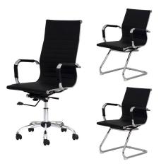 Imagem de Kit Escritório Stripes 1 Cadeira Giratória Presidente 2 Cadeiras Interlocutor Fixa Preta Office