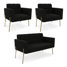 Imagem de Sofá Namoradeira e 2 Poltronas Pé de Ferro Dourado Elisa Suede Preto D03 - D'Rossi