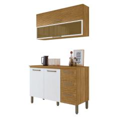 Imagem de Armário De Cozinha Completa Com Balcão Ametista Kits Paraná 4 Portas 3 Gavetas 1,20m Vidro Reflecta Freijo/bco