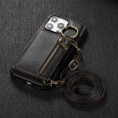 Imagem de Alça de ombro com zíper carteira de couro capa porta cartão para iPhone 11 12 13 14 15 Pro Max Plus cordão telefone bolsa capa anel, preto, para iPhone 15 Pro