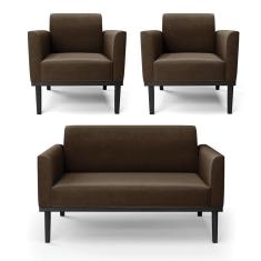Imagem de Sofá Namoradeira Com 2 Poltronas Base De Madeira Fixa Preto Marisa Suede Marrom D03 - D`Rossi