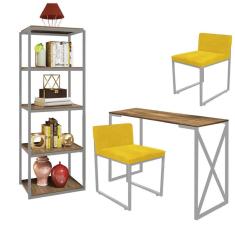 Imagem de Kit Escritório Bex 2 Cadeiras Suede Amarelo com 1 Mesa e 1 Livreiro Ferro Cinza MDF Caramelo - Ahazzo Móveis