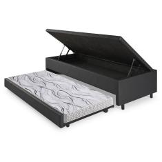 Imagem de Bicama Box Com Baú Solteiro Courino Linho Preto 88x188 Com Colchão Auxiliar Ecoflex