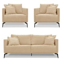 Imagem de Kit 2 Poltronas e Sofá Living 2 Lugares 1,60m Sirius Linho Dourado Pés