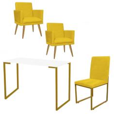 Imagem de Kit Escritório Stan 2 Poltronas Rodapé com Cadeira e Mesa Industrial Branco Dourado Tecido Sintético Amarelo - Ahz Móveis