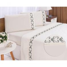 Imagem de Jogo Lençol Veneza Quarto Casal King Bordado 4 Peças 2fronha Cor:palha Com Verde Petróleo