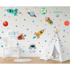 Imagem de Adesivo de parede infantil planetas astronauta foguetes