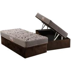 Imagem de Cama Box Baú Solteiro: Colchão Espuma Herval AG65 Fort Black Firme Pillow Top + Base crc Suede Brown(88x188)