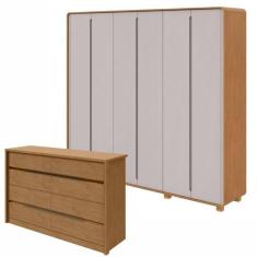 Imagem de Conjunto de Guarda-Roupa Casal Loop 6 Portas com Pés e Cômoda 8 Gavetas Urban Amêndoa Clean/Off White
