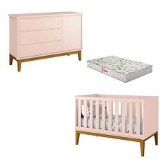 Imagem de Berço Americano e Cômoda New Classic Rosa com Pés Madeira e Colchão Ga