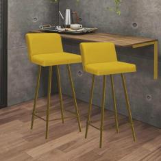 Imagem de Kit Mesa Suspensa de Parede Fixa mdf Freijó + 2 Banquetas Lexi Ferro Dourado Sintético Amarelo - Ahazzo Móveis