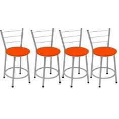 Imagem de Kit 4 Banquetas Baixas Prata com Encosto Assento Laranja