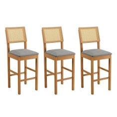 Imagem de Conjunto 3 Banquetas Jade 03 Madeira Maciça JCM Encosto Rattan e Linho