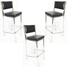 Imagem de Kit 3 Banquetas EMPILHÁVEL cromada Altura 65cm assento e encosto preto - Poltronas do Sul